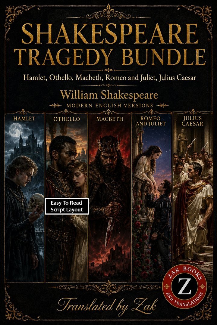 Cover of Hamlet, Macbeth, Othello, Romeo & Juliet, and Julius Caesar: Shakespeare’s Tragedies in Modern English: Original Plays Translated to Modern, Easy-to-Understand English (Zak’s Translation)
