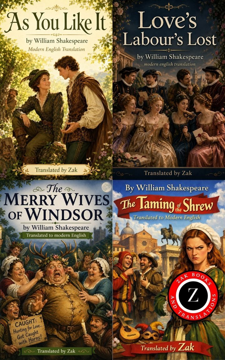 Cover of As You Like It, Love’s Labour’s Lost, The Merry Wives of Windsor, The Taming of the Shrew (Modern English Versions): Easy to Read | Shakespeare’s Comedies Translated into Modern English