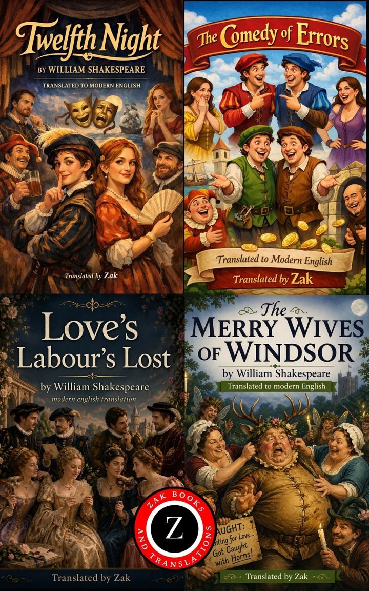 Cover of The Comedy of Errors, Love’s Labour’s Lost, The Merry Wives of Windsor and Twelfth Night (Modern English Versions): Easy to Read | Shakespeare’s Comedy, Folly and Confusion Plays in Modern English