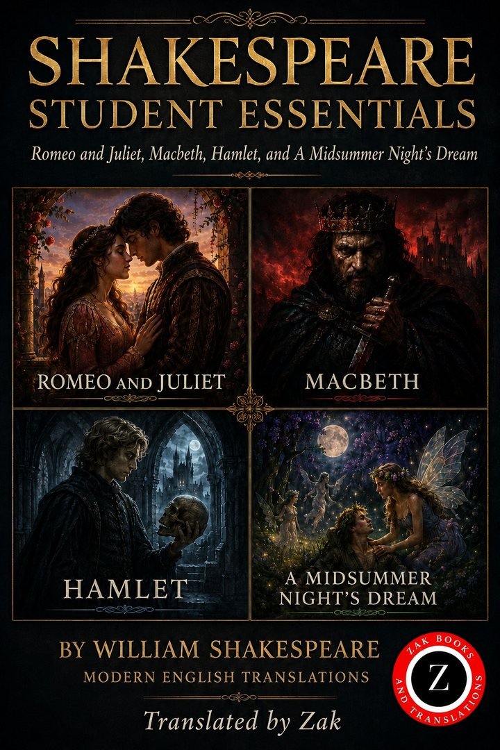 Cover of Romeo and Juliet, Macbeth, Hamlet, and A Midsummer Night’s Dream (Modern English Versions): Shakespeare Student Essentials Translated into Easy, Modern English