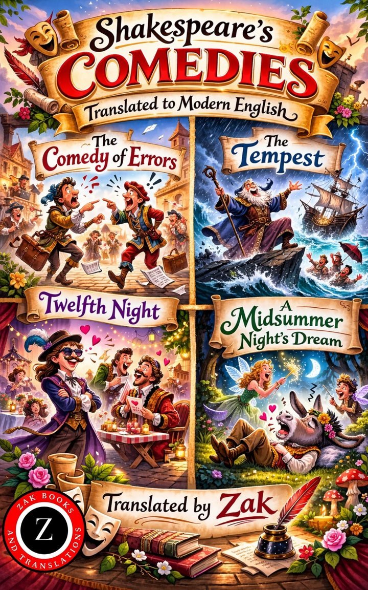Cover of The Comedy of Errors, A Midsummer Night’s Dream, The Tempest, Twelfth Night (Modern English Versions): Easy to Read | Shakespeare’s Comedies Translated into Modern English